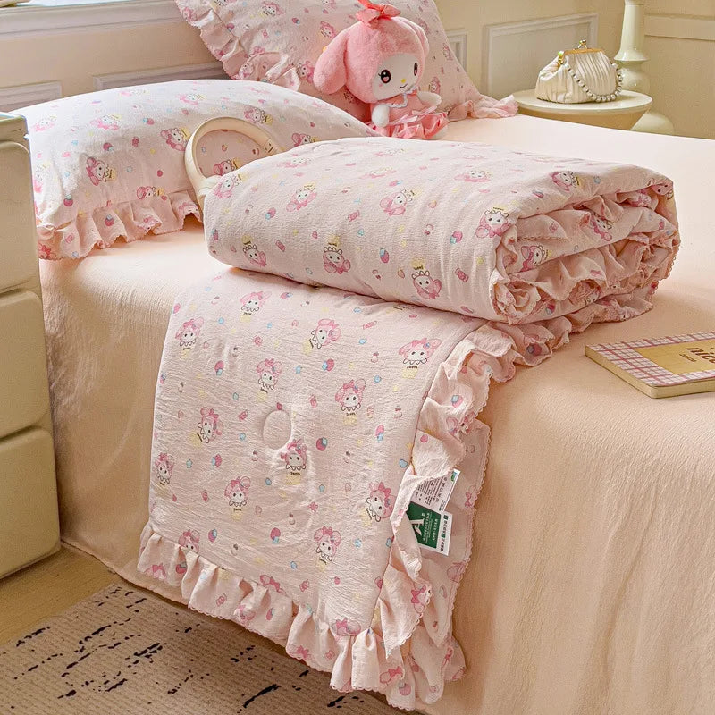 Afralia™ Korean Cotton Patchwork Quilt with Lace and Ruffle for Summer
