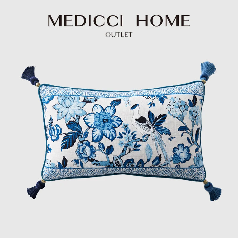 Afralia™ Chinoiserie Style Blue White Porcelain Birds Floral Lumbar Pillow Case