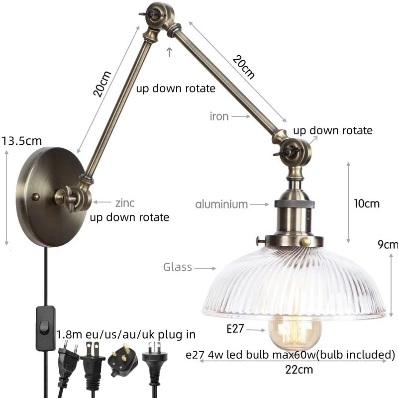 Afralia™ Industrial Adjustable LED Wall Sconce with Clear Glass Shade