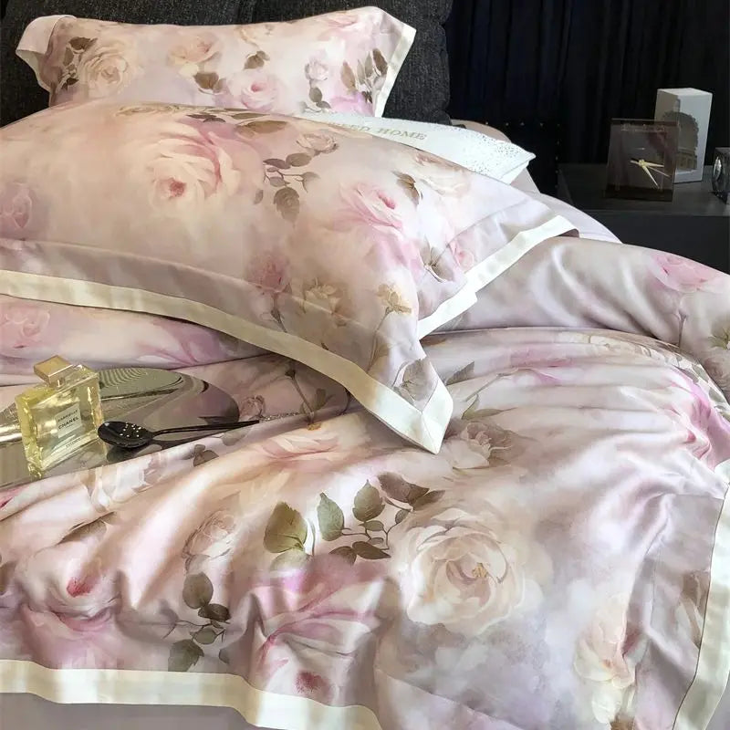 Afralia™ Pink Rose Flowers Print Bedding Set - 4Pcs