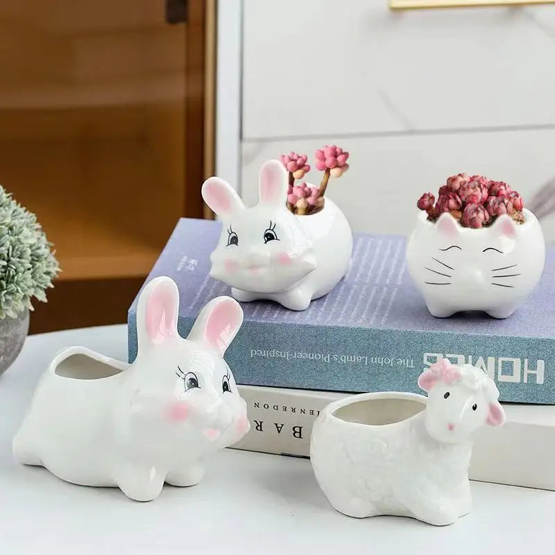 Afralia™ Animal Cartoon Ceramic Flowerpot for Nursery Planting - Cute Rabbit Elephant Sheep Octopus