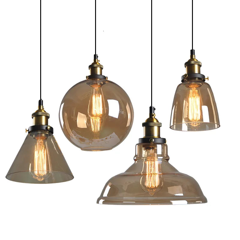 Afralia™ Vintage Copper LED Pendant Lamp Amber Glass Hanging Lights for Home Decor