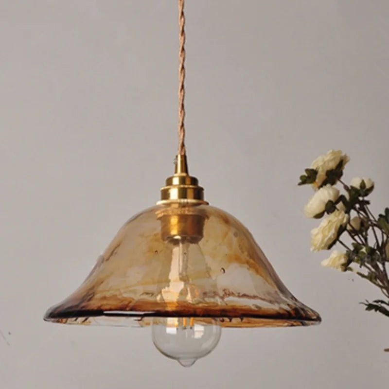 Afralia™ Amber Glass Adjustable LED Pendant Light Fixture, Vintage E27 Copper Hanging Lamp