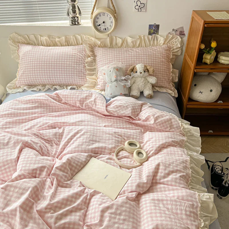 Afralia™ Korean Princess Style Cotton Bedding Set with Ruffles and Lace