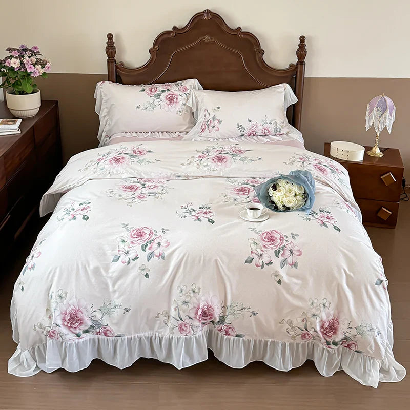 Afralia™ French Flowers Lace Ruffles Princess Bedding Set with Bed Sheet Pillowcases
