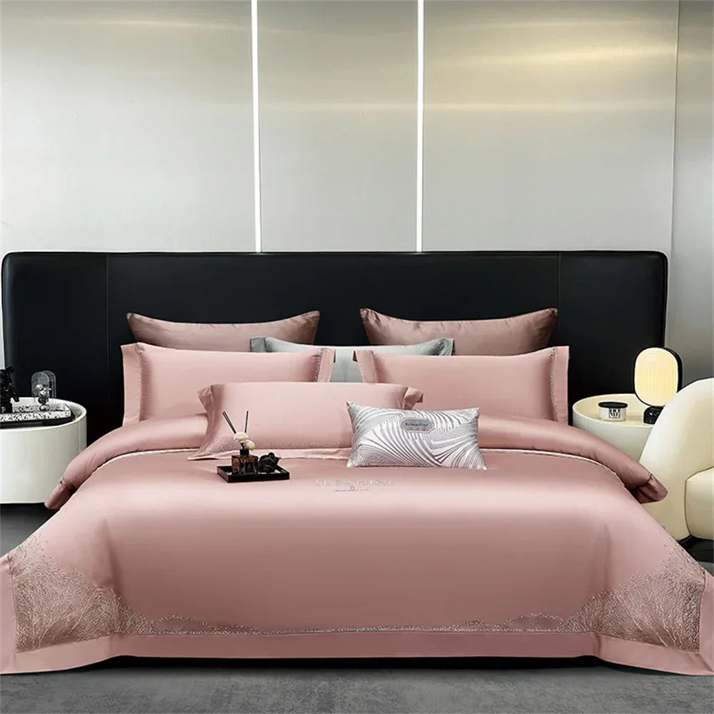 Afralia™ Jacquard Embroidery Egyptian Cotton Satin Bedding Set with Elastic Sheet