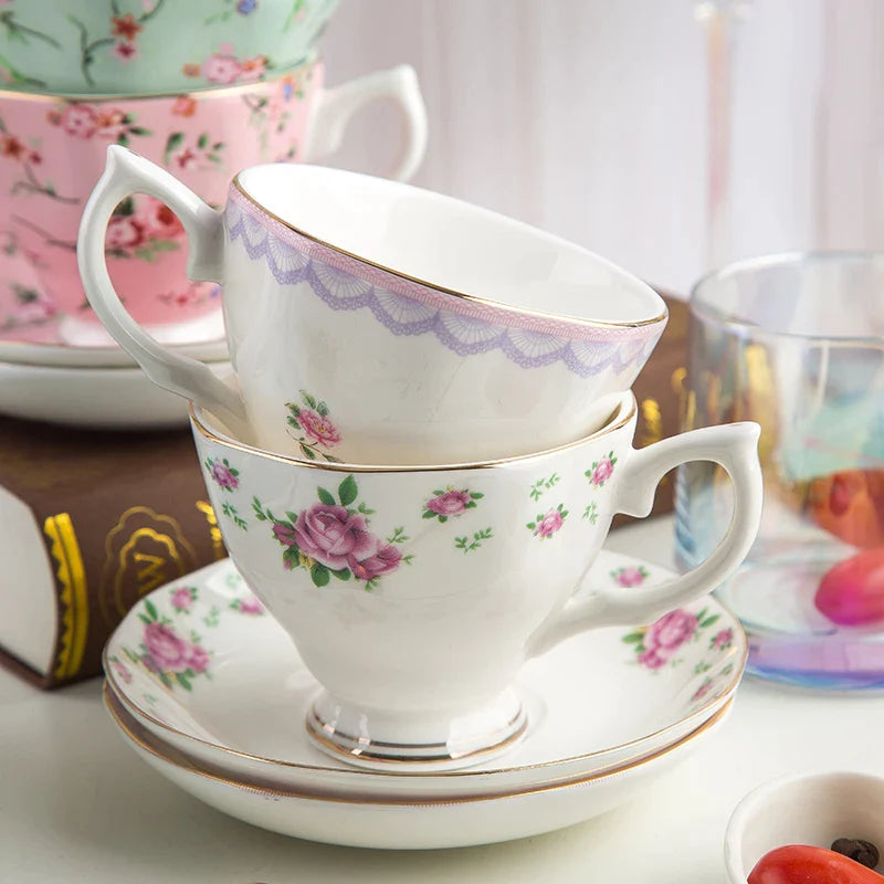 Afralia™ Bone China Flower Tea Cup Set, 180ml, Phnom Penh Afternoon Teacups for Home, Office, Hotel