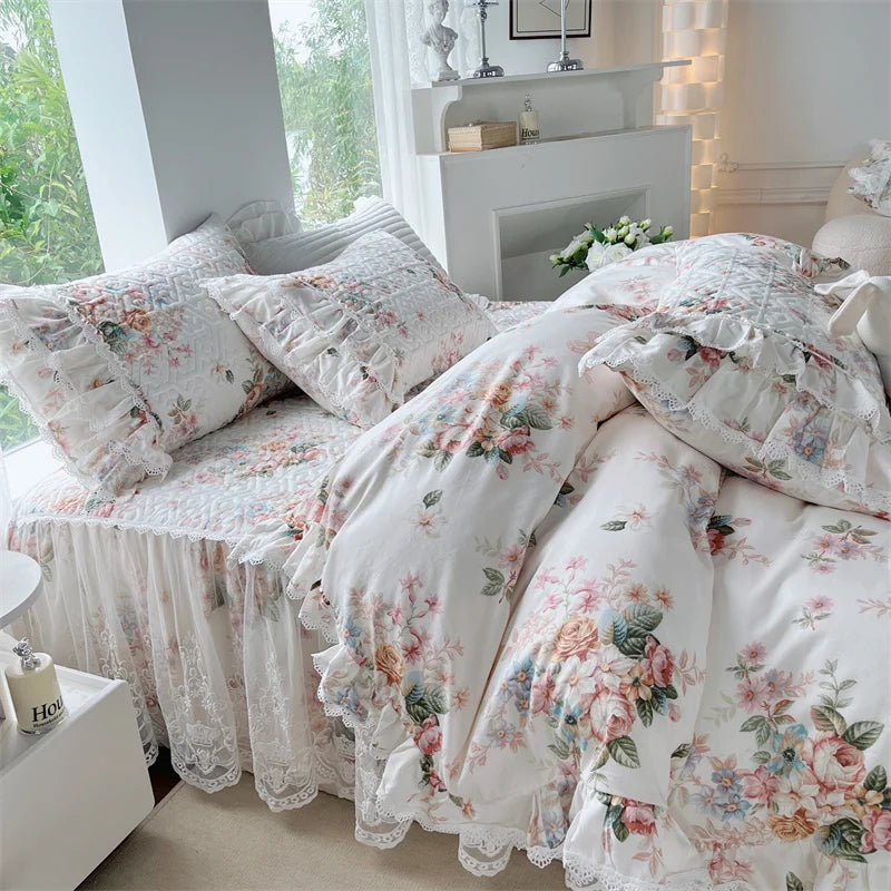 Afralia™ French Floral Print Bedding Set: Duvet Cover, Lace Ruffles, Quilted Embroidery, Pillowcases