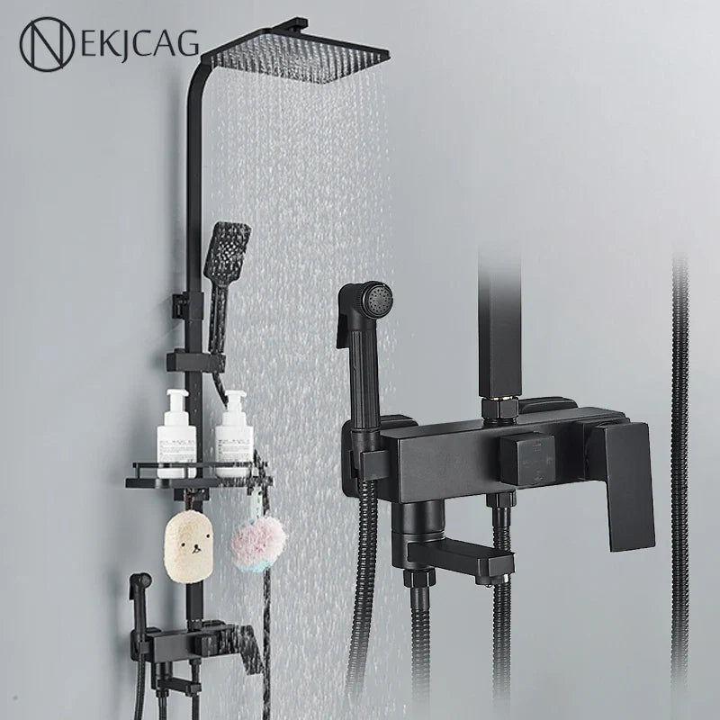 Afralia™ Matte Black Stainless Steel Shower Faucet Set with Rainwater System