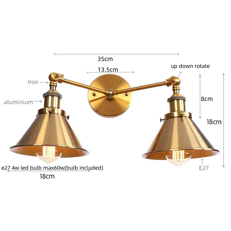 Afralia™ Loft Iron LED Wall Lamp 2 Heads Living Room Vintage Industrial Style Light
