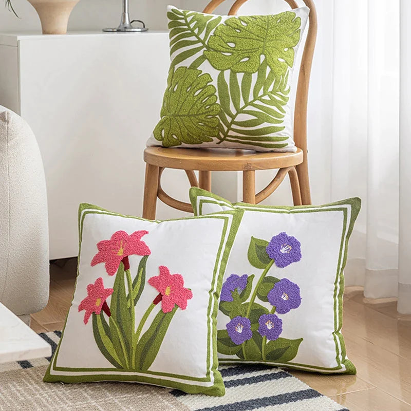 Afralia™ Floral Embroidery Canvas Cushion Cover 45*45 - Decorative Throw Pillow Cover