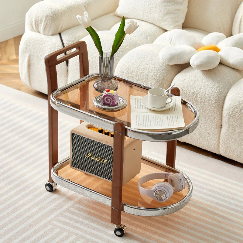 Afralia™ Nordic Wood End Table with Glass Top & Movable Trolley - Multifunctional Storage Rack