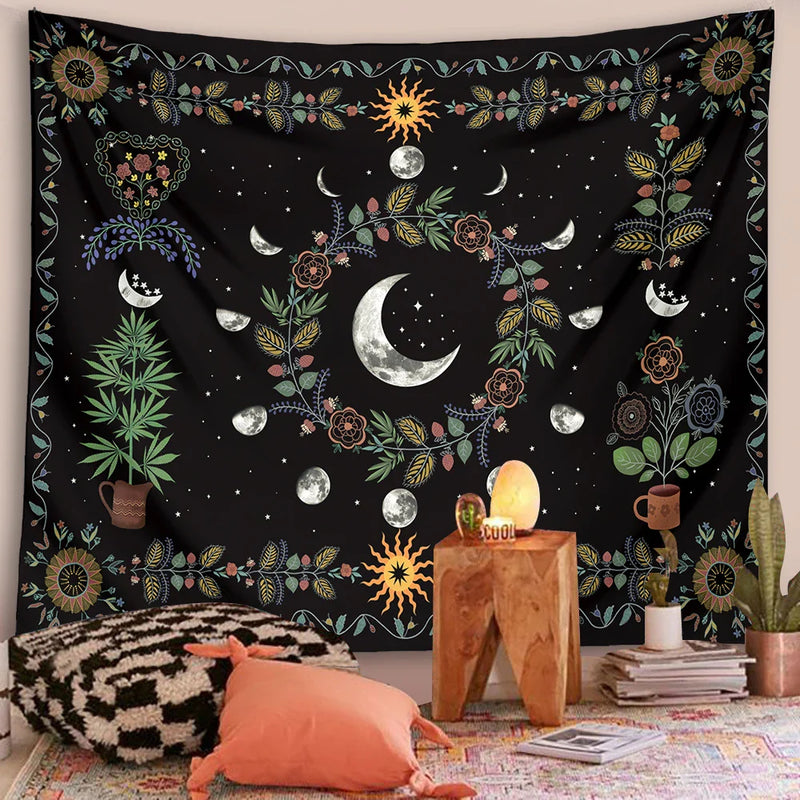 Afralia™ Celestial Moon Phase Floral Tapestry Wall Hanging