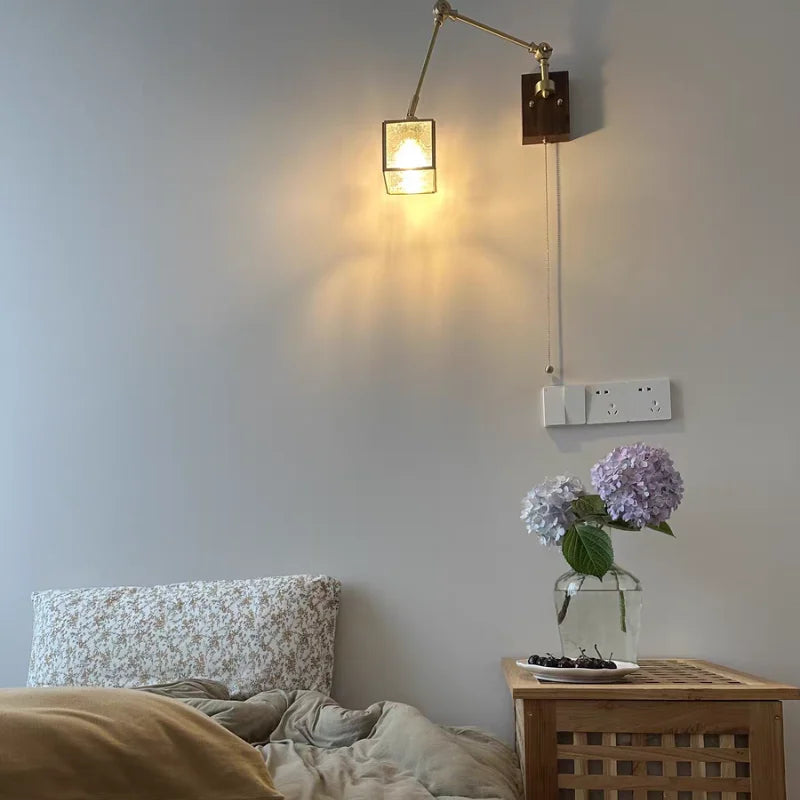 Afralia™ Cube Glass LED Wall Sconce Walnut Wood 2 Arms Rotatable Mirror Light