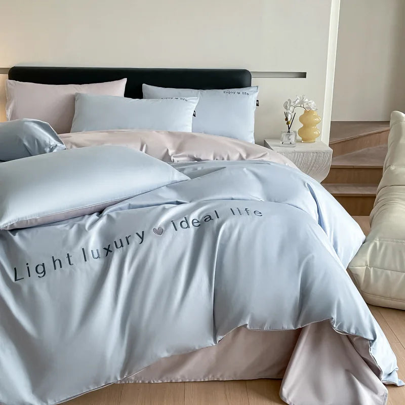 Afralia™ 120S Long Staple Cotton Satin Embroidery Bedding Set - Solid Color Twin Full Double Comforter