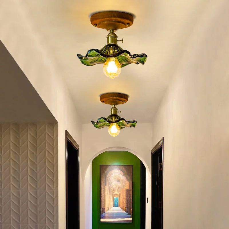 Afralia™ Green Glass LED Ceiling Lamp Nordic Wood Copper Ceiling Lights