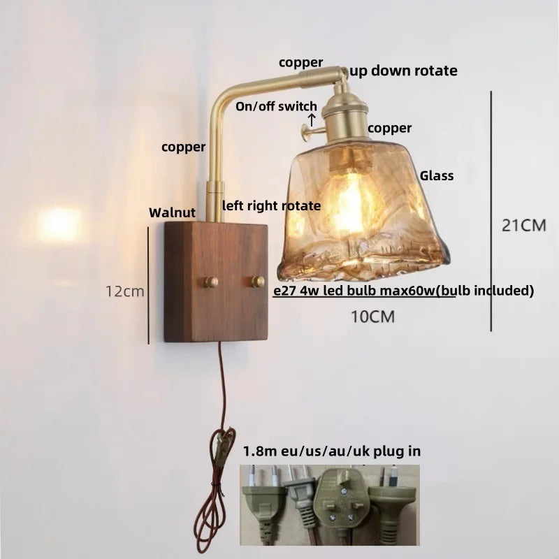 Afralia™ Walnut Wood LED Wall Lamp Sconce with Pull Chain Switch Rotation Mirror Light