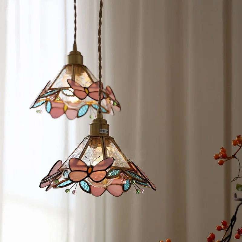 Afralia™ Tiffany Style Butterfly Glass Flower LED Pendant Lamp for Bedroom and Kitchen