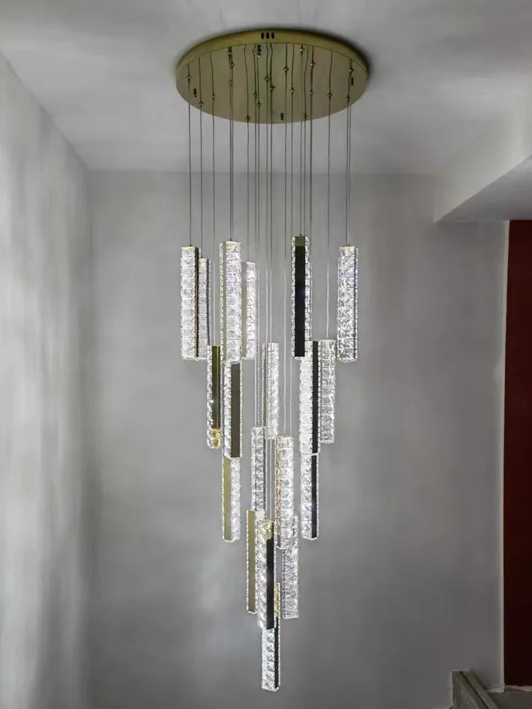 Afralia™ Gold Chrome Steel Crystal Pendant Lights with Dimmable LED for Villa Stair