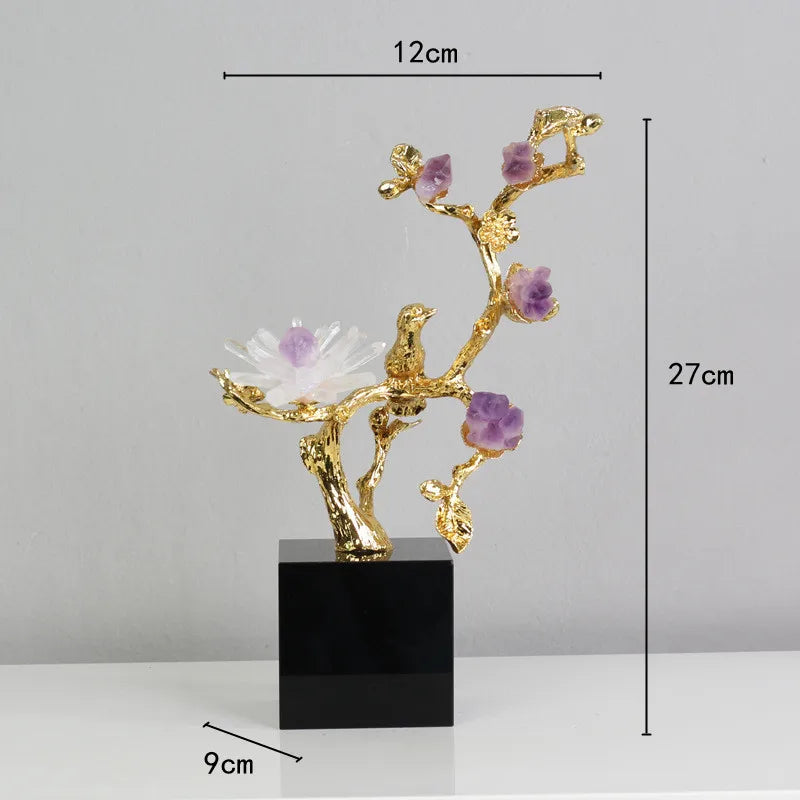 Afralia™ Golden Tree Crystal Flower Brass Amethyst Decor with Golden Bird Figurines
