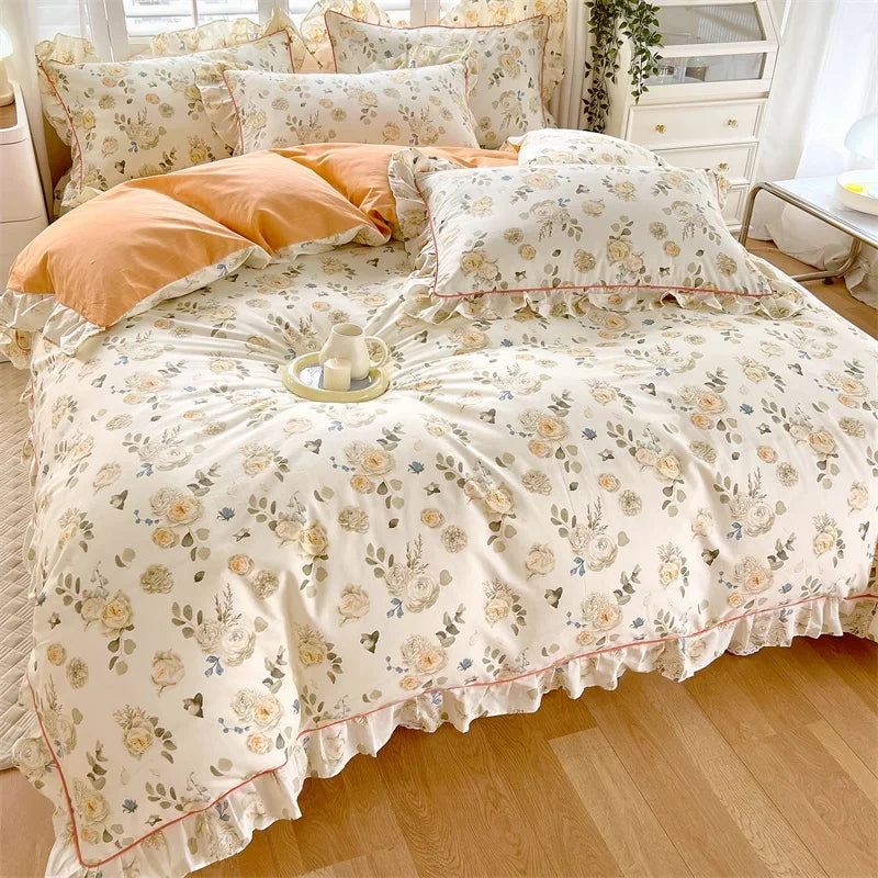 Afralia™ Princess Ruffles 100% Cotton Quilt Cover Set - Floral Soft Duvet Cover
