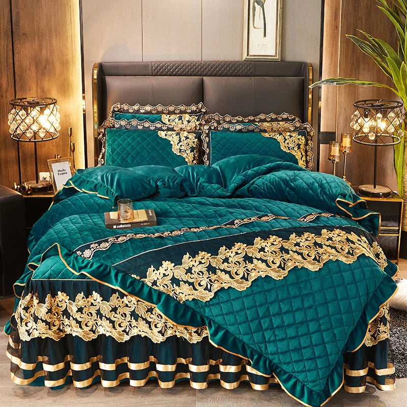 Afralia™ Black Gold Luxury Crystal Velvet Bedding Set with Quilted Embroidery & Ruffles