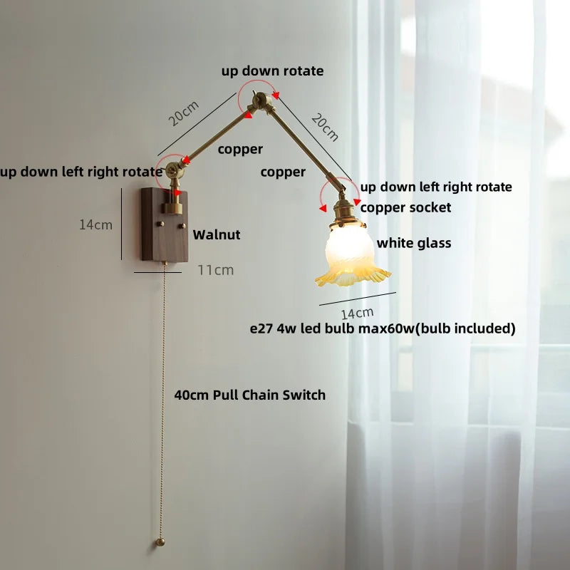Afralia™ Yellow Glass LED Wall Sconce Walnut Wood Bedside Lamp