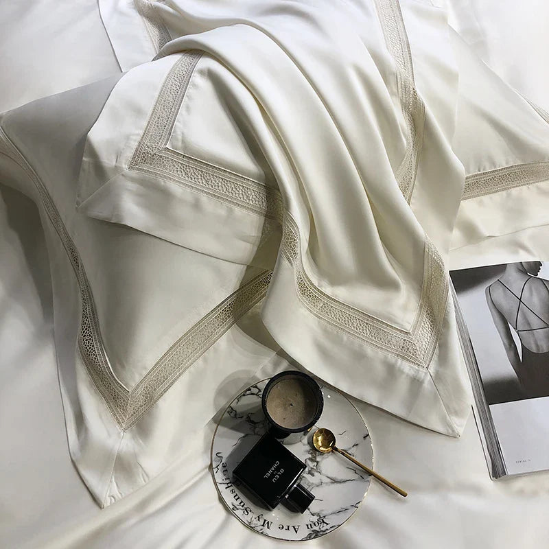 Afralia™ Eucalyptus Lyocell Luxury Bedding Set in White Champagne Grey Pink