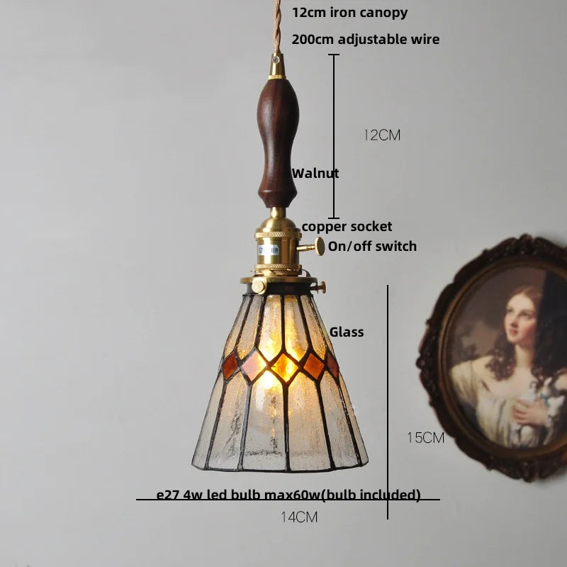 Afralia™ Brass Vintage LED Pendant Light Fixture Walnut Wood Glass Dining Room Lights
