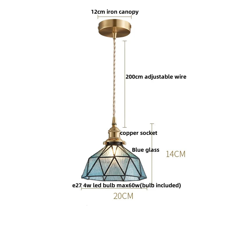 Afralia™ Copper Canopy LED Pendant Light Fixture Green Glass Hanging Lamp