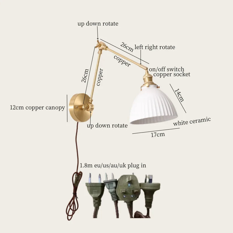 Afralia™ Ceramic LED Wall Lamp, Pull Chain Switch, Nordic Copper, Small Size
