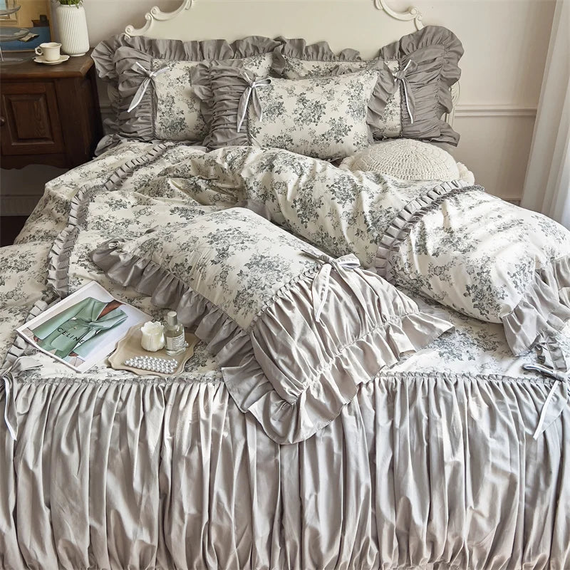 Afralia™ French Vintage Flowers Cotton Bedding Set with Lace Ruffles & Pleats