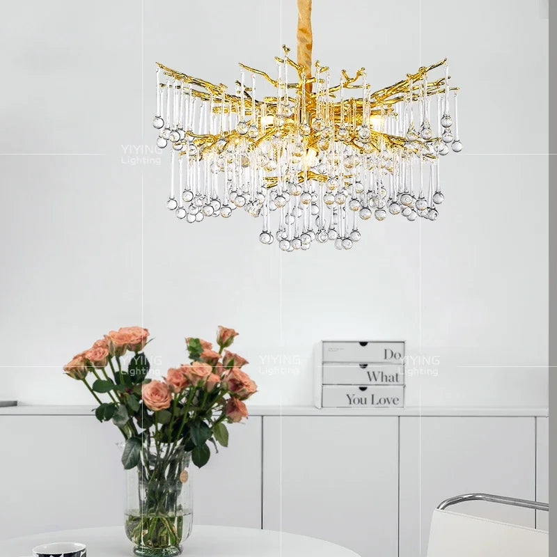 Afralia™ Water Droplet Crystal Chandelier - Golden Branch Pendant Light