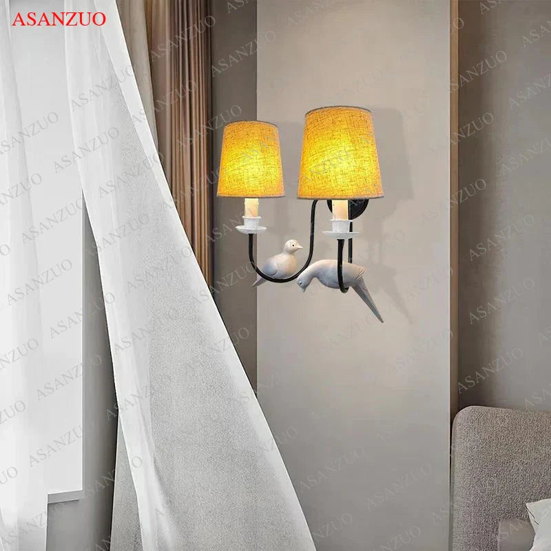 Afralia™ Nordic Iron Bird Wall Lamp with Cloth Lampshade and LED Light