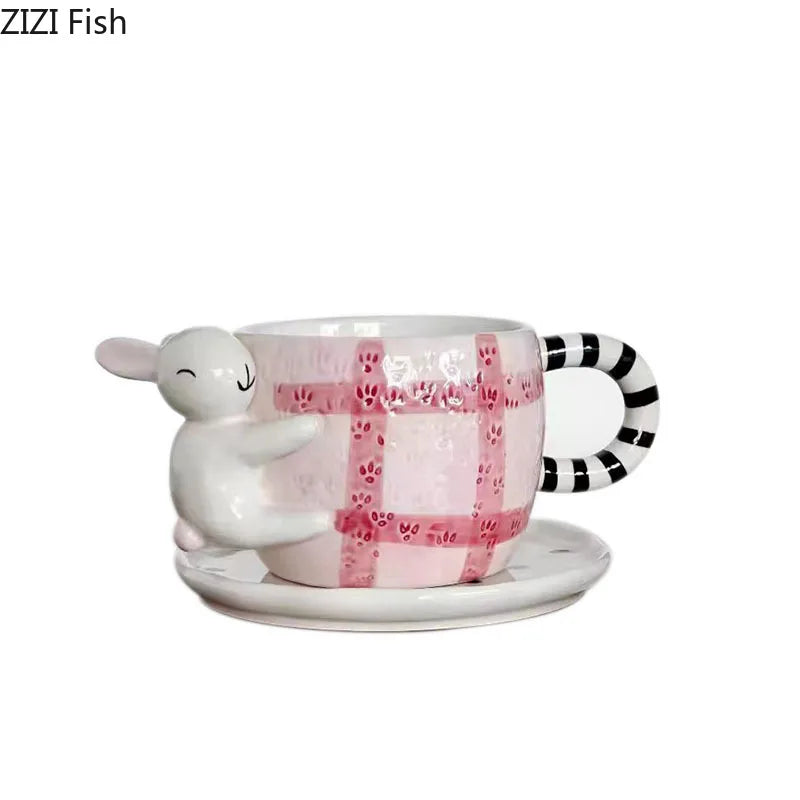 Afralia™ Rabbit Cartoon Ceramic Cup & Saucer Set for Dining Table and Coffee | Tea Mug