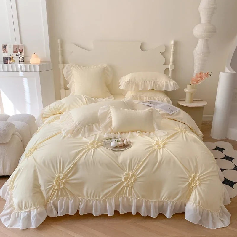 Afralia™ Lace Princess Bedding Set: Romantic Ruffles & Bow Duvet Cover, Sheet, Pillowcases