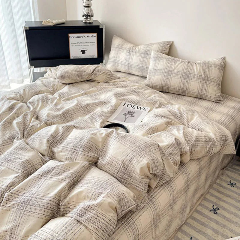 Afralia™ Natural Cotton Grid Duvet Cover - Twin Double Size