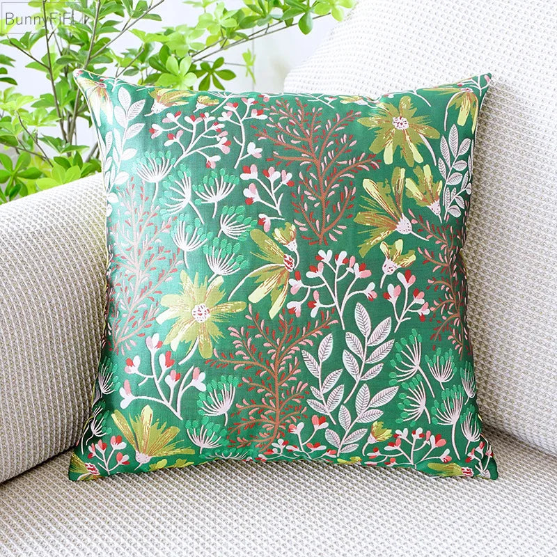 Afralia™ Jacquard Floral Pillow Cover 45x45cm Pink Green Blue Soft Smooth Touch