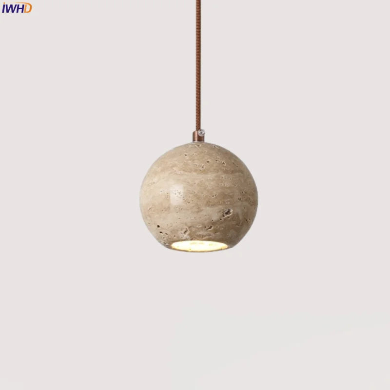 Afralia™ Yellow Travertine Spherical Stone LED Pendant Light for Bedroom Dining Living Room