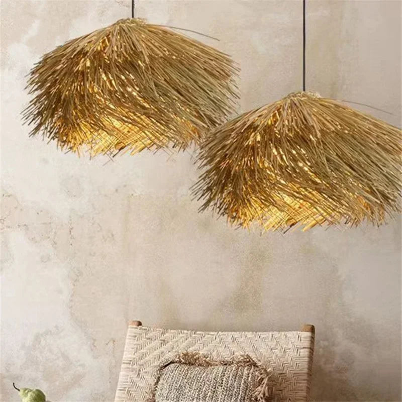 Afralia™ Wabi Sabi Rattan Straw Hat Pendant Chandelier - Nordic Retro B&B Suspended Lamp