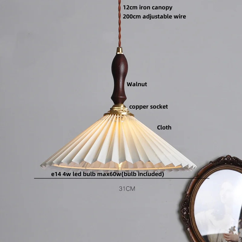 Afralia™ Walnut Wood LED Pendant Lights Japan Style Hanging Lamp Bouffant Cloth