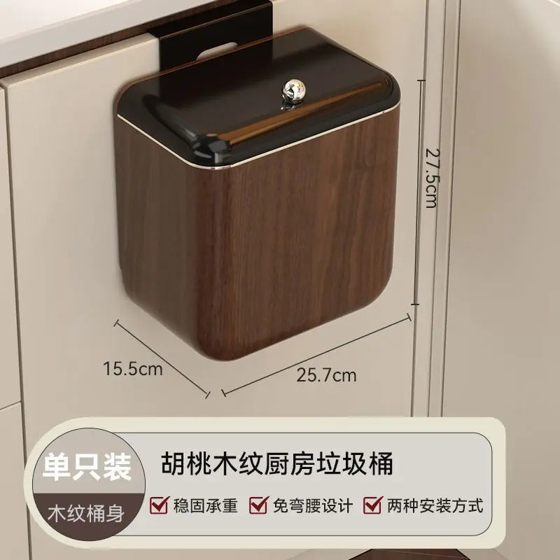 Afralia™ Antique Style Wood Grain Kitchen Trash Can with Lid, Hanging Type, Large Capacity