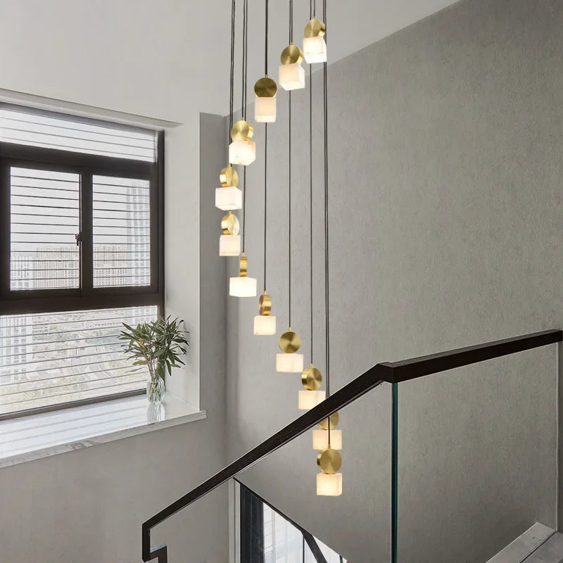 Afralia™ Marble Long Chandelier Modern Minimalist Villa Living Room Loft Duplex Copper Lighting