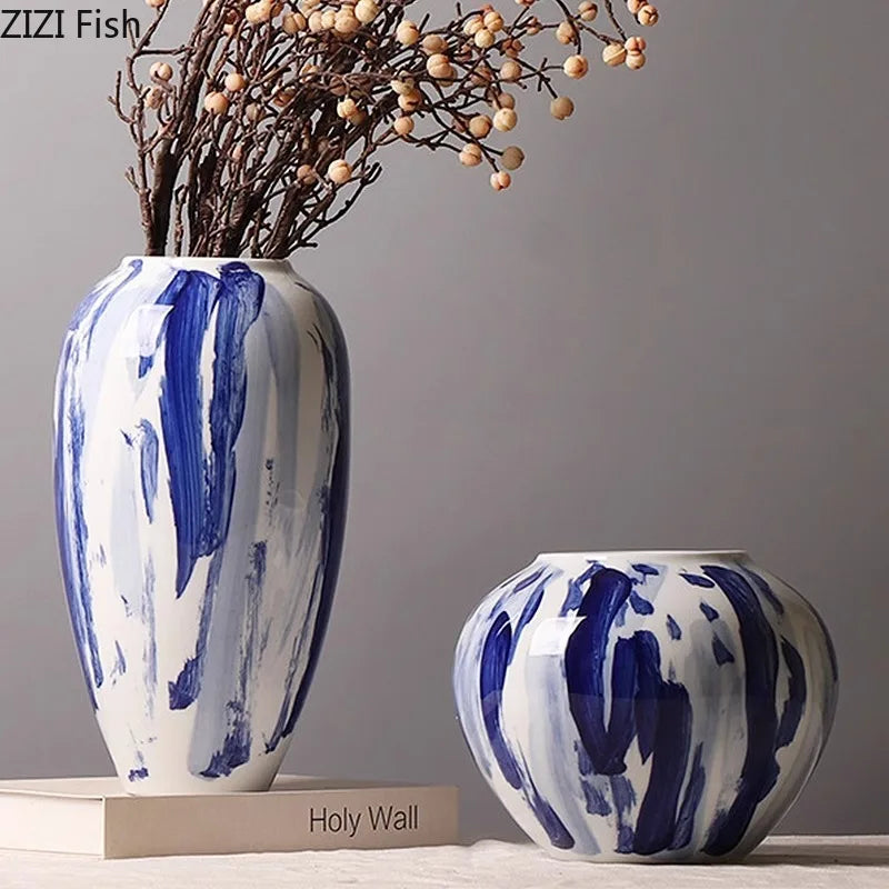 Afralia™ Blue & White Porcelain Vase: Ink Style Flowers, Aesthetic Room Decor