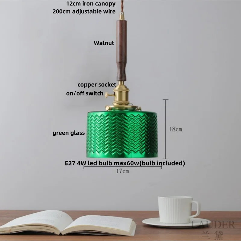 Afralia™ Glass LED Pendant Lamp Walnut Wood Copper Switch Nordic Hanging Light