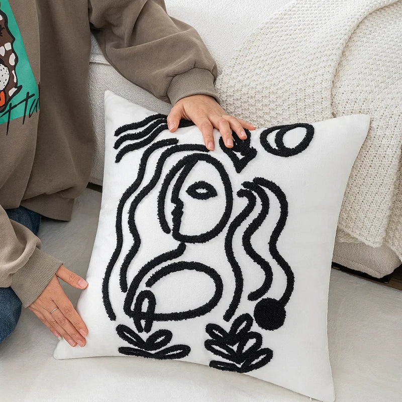 Afralia™ Abstract Art Line Cushion Cover Plush Embroidered Pillowcase