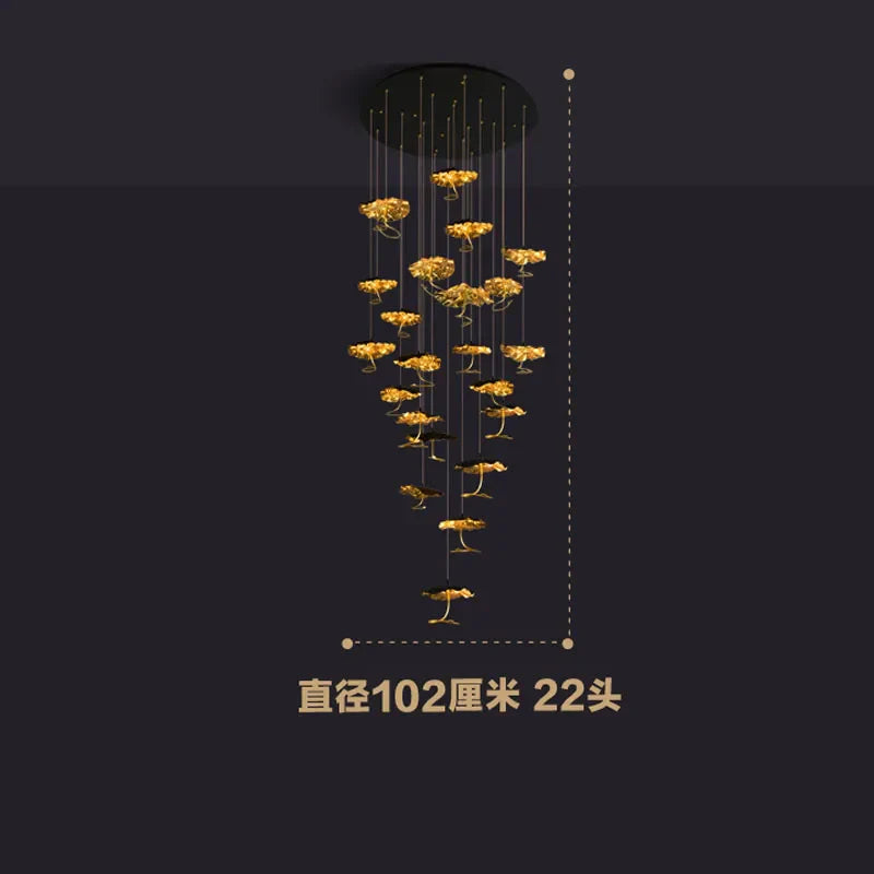 Afralia™ Lotus Staircase LED Chandelier - Multi-Head Copper Black Gold Hanging Lamp