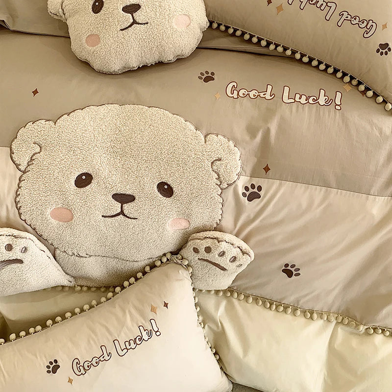 Afralia™ Cartoon Bear Applique 100% Cotton Child Bedding Set - Single Quilt Cover