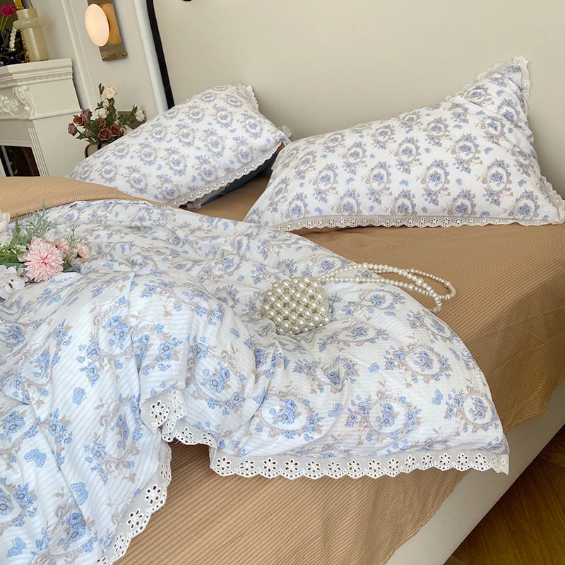 Afralia™ Vintage Lace Ruffles Duvet Set with Bed Sheet and Pillowcases