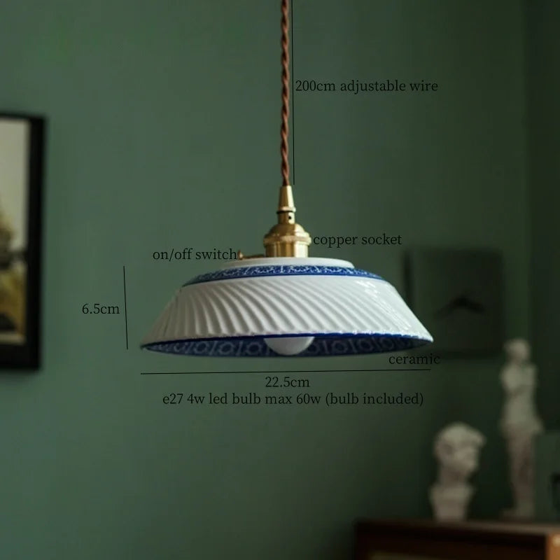 Afralia™ Patterned Ceramic LED Pendant Lamps Vintage Copper Hanging Light for Dining Living Room